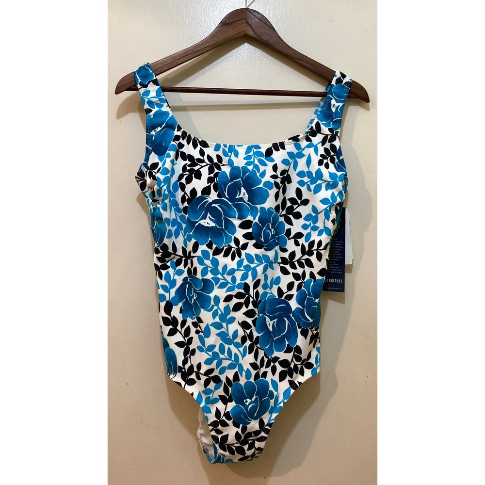 Longitude NWT White 1-Piece Swimsuit with Blue Floral and Black Leaf Print